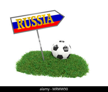 Ballon de soccer sur l'herbe avec le drapeau de la Russie, 3D Rendering Banque D'Images