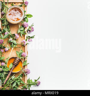 Le miel en pot avec balancier, miel et fleurs sauvages sur fond blanc, vue du dessus. L'alimentation saine, télévision lay, border, vertical Banque D'Images