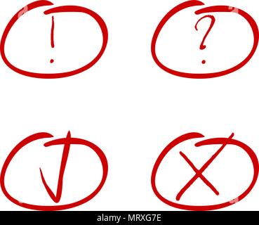 Mark marqueur rouge. Tique et croix, symbole d'exclamation et question. Mark Cross, vérifier des croquis dessinés à la main, les tiques, d'interrogation et d'exclamation. Vector Illustration de Vecteur