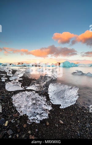 L'Est, l'Islande, l'Islande, le nord de l'Europe. L'emblématique peu icebergs dans la lagune bordée de glaciers au cours d'un lever du soleil Banque D'Images