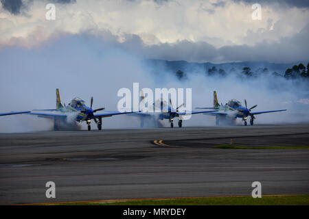 Esquadrilha da Fumaça est l'unité de démonstration de l'armée de l'air brésilienne connue pour la voltige de formation coordonnée utilisant des avions turbopropulsés. L'image d'archive enregistre une performance lors d'une exposition internationale de l'aviation à Rionegro en 2017. Banque D'Images