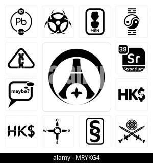 Ensemble de 13 icônes modifiable simple comme le PSG, l'armée indienne, paragraf, n s e w, Hong Kong dollar, monnaie, peut-être, strontium, cancérogène ne peut être utilisé pour Illustration de Vecteur