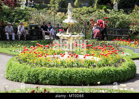 Le public appréciant soleil du printemps dans les limites de la Dingle, un magnifique jardin public à Shrewsbury, en Angleterre. Banque D'Images