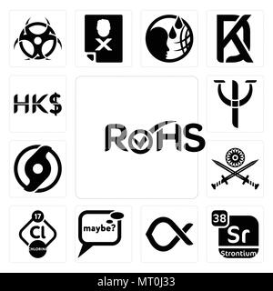 Ensemble de 13 icônes modifiable simple comme rohs, strontium, alfa, peut-être, le chlore, l'armée indienne, l'ouragan officiel, psy, le dollar de Hong Kong peut être utilisé pour Illustration de Vecteur