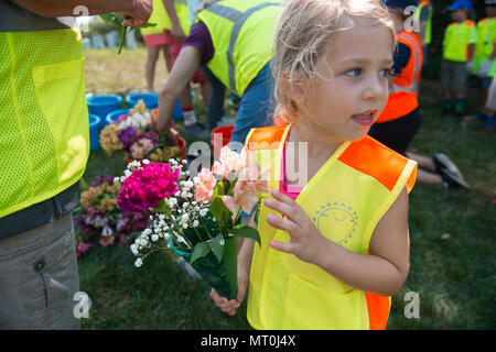 Ada Sharpe recueille des fleurs à jeter sur les tombes dans l'article 21 du Cimetière National d'Arlington, Arlington, Va., le 17 juillet 2017. Plus de 400 professionnels ont participé à paysage bénévole l'Association nationale des professionnels du paysage et de renouvellement annuel 21 souvenir à l'ANC. (U.S. Photo de l'armée par Elizabeth Fraser / Arlington National Cemetery / relâché) Banque D'Images