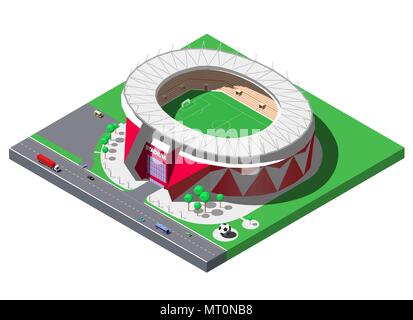 Stade de football isométrique vectoriel, soccer arena avec des arbres et un terrain de stationnement Illustration de Vecteur