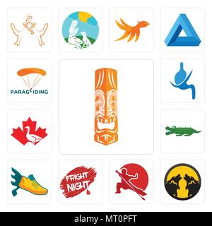 Ensemble de 13 icônes modifiable simple comme tiki, Wolf Pack, wushu, fright night, Flying Service, croc, Canada goose, gastroentérologie, parachute peut être de nous Illustration de Vecteur