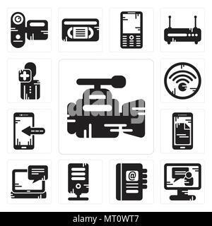 Ensemble de 13 icônes modifiable simple tels que caméra vidéo, d'appel, l'ordre du jour, le serveur, ordinateur portable, Smartphone, connexion Wi-Fi gratuite, d'utilisateur peut être utilisé pour le mobile, l'interface utilisateur web Illustration de Vecteur