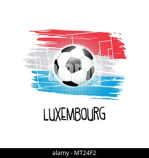 Hand written word 'Luxembourg' avec ballon de soccer, terrain de football et de couleurs abstraites du Luxembourg drapeau. Vector illustration. Illustration de Vecteur