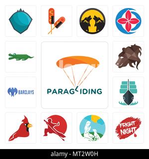 Ensemble de 13 icônes modifiable simple comme le parapente, fright night, dresseur de chiens, wushu, le cardinal oiseau, Tall Ship, Barclays Bank, profil de l'ours, croc peut Illustration de Vecteur
