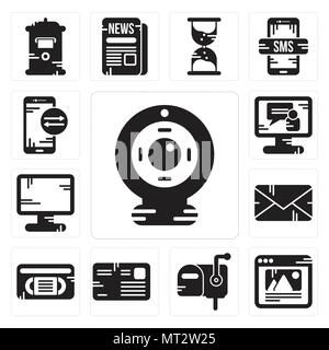 Ensemble de 13 icônes modifiable simple comme Webcam, navigateur, boîte aux lettres, lettre, Vhs, e-mail, affichage, appel vidéo, le smartphone peut être utilisé pour le mobile, l'interface utilisateur web Illustration de Vecteur
