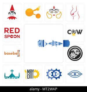 Ensemble de 13 icônes modifiable simple comme gymshark, oeil, devops, mayday, église, USMC, baseball, vache, cuillère peut être utilisé pour le mobile, l'interface utilisateur web Illustration de Vecteur