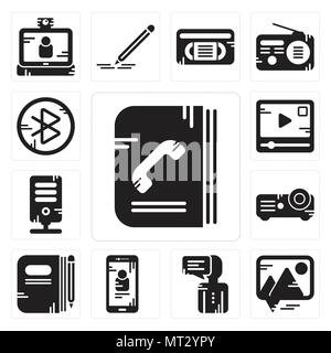 Ensemble de 13 icônes modifiable simple comme annuaire, Photo, Smartphone, l'utilisateur, livre, projecteur, serveur, lecteur vidéo, dent peut être utilisé pour le mobile, nous Illustration de Vecteur