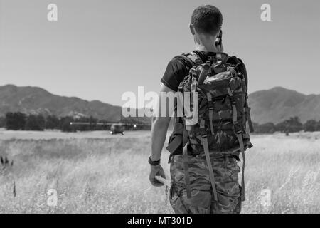 Jamie Graham, un contrôleur de la circulation aérienne tactique, aide à l'enlever un C-130 au cours de CSTX à Ft. Hunter Liggett en Californie. Il s'agit d'un exercice conjoint entre la 332e brigade médicale, Britanniques, Canadiens, et les troupes. Banque D'Images