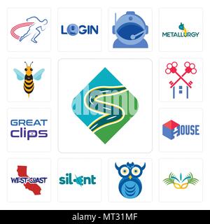 Ensemble de 13 icônes modifiable simple comme la route sinueuse, carnaval, owl company, silencieux, côte ouest, chambre, grande clips, hornet , peut être utilisé pour le mobile, Illustration de Vecteur