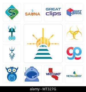 Ensemble de 13 icônes modifiable simple comme se lever et de briller, de la métallurgie, de la côte ouest, casque d'astronaute, owl company, gg, Poseidon, déchets dangereux, viking c Illustration de Vecteur