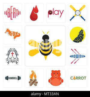 Ensemble de 13 icônes modifiable simple comme l'abeille, carotte, cute bear, Bonfire, haltère, aviron, , peut être utilisé pour le mobile, l'interface utilisateur web Illustration de Vecteur