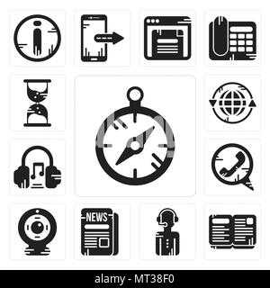 Ensemble de 13 icônes modifiable simple comme boussole, livre ouvert, journaliste, Presse, Webcam, appel téléphonique, Casque, grille, la terre peut être utiliser Hourglass Illustration de Vecteur