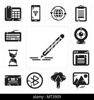 Ensemble de 13 icônes modifiable simple comme un crayon, Photo, cloud computing, dent, cassette, navigateur, Hourglass, webcam, clavier peut être utilisé pour mobile Illustration de Vecteur