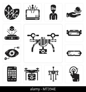 Ensemble de 13 icônes modifiable simple comme drone, touchez, Robot, Smartphone, Oculus rift, Eye scan, lunettes Ar, hologramme peut être utilisé pour le mobile, l'interface utilisateur web Illustration de Vecteur