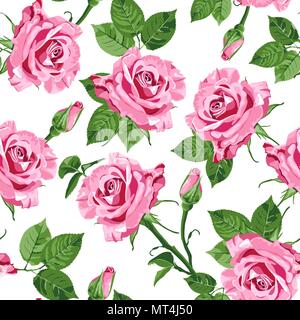 Vecteur de couleur rose vif roses et feuilles vertes sur le fond blanc motif transparent Illustration de Vecteur