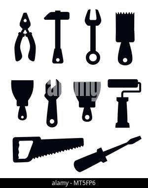 Silhouette noire. Outils de travail icons set. Création d'outils de construction , les bâtiments, marteau, tournevis, scie, fichier, couteau à mastic, règle, rouleau, pinceau. Ve Illustration de Vecteur