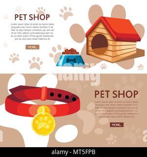 Pet Shop concept. Doghouse, bol et col. Vector illustration à fond avec des empreintes d'animaux. Place pour votre texte. Page de site web et mobile ap Illustration de Vecteur