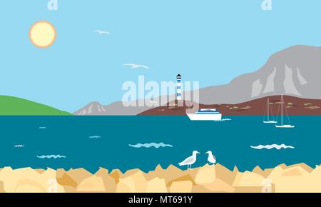 Sea bay avec phare, bateau et yachts et seagull on rock, sous un ciel bleu d'été avec shining sun - vector Illustration de Vecteur