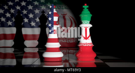 USA et l'Iran relation. L'Amérique et l'Iran nous les drapeaux sur les rois d'échecs sur un échiquier. 3d illustration Banque D'Images