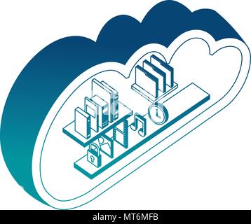 Le stockage cloud computing livres musique photo fichier vecteur illustration isométrique horloge néon bleu Illustration de Vecteur