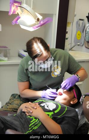 Le lieutenant Cmdr. Erin Millea, dentiste généraliste, à partir de la 4e Bn médical., 4e Groupe Logistique Maritime, Corps des Marines des États-Unis, de la Réserve des Forces canadiennes fournit un examen dentaire pour l'un de ses patients. Les trois marins affectés à la mission de soins dentaires travaillent aux côtés de l'armée américaine 12 soldats de réserve affecté à l'Armée de la commande médicale 7221St Groupe de soutien médical en partenariat avec la vallée ronde Indian Health Service à offrir des soins médicaux à la population tribale locale. L'Indian Health Service fournit des mesures préventives, curatives et de soins de santé communautaires pour environ 2,2 millions d'Amérindiens et de l'Alaska Na Banque D'Images