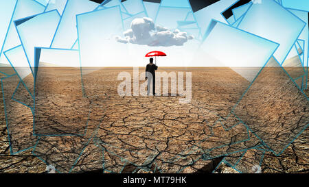 Homme de désert avec parapluie rouge et seul nuage Banque D'Images