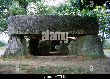 France, Bretagne. Essé. La Roche-aux-Fées (Le Faireis' Rock). Passage néolithique tombe. Departament d'Ille-et-Vilaine. Passage couvert de blocs de pierre. 3000- 2500 BC. Banque D'Images