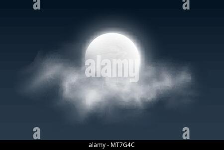 Pleine lune réaliste de nuages sur un fond sombre. Brouillard blanc. Ciel nocturne. Voie lactée lune rougeoyante. Vector illustration. EPS 10 Illustration de Vecteur