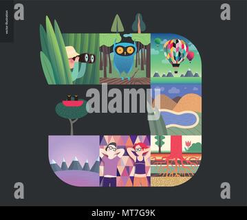 Des choses simples - forest situé sur un fond noir - télévision cartoon vector illustration de Hunter, herbe, OWL, bois, ballons, lac, collines, racine de l'arborescence Illustration de Vecteur