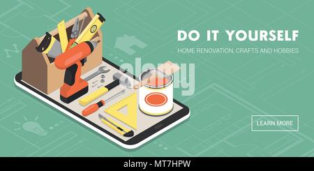 Faire vous-même et de la rénovation domiciliaire app : Boîte à outils et outils sur un smartphone avec des icônes Illustration de Vecteur