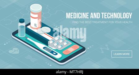 La médecine, les soins de santé et l'application de thérapie : les médicaments sur ordonnance, les premiers secours et l'équipement de diagnostic médical sur un smartphone avec des icônes Illustration de Vecteur