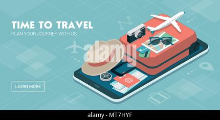 Voyage, tourisme et réservation app : billet d'équipement et une assurance sur un smartphone à écran tactile mobile Illustration de Vecteur