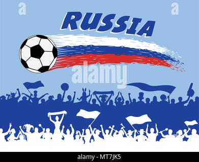 Les couleurs du drapeau de la Russie avec ballon de soccer et partisans russes de silhouettes. Tous les objets, les coups de pinceau et les silhouettes sont dans des couches différentes et la Illustration de Vecteur