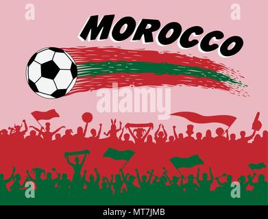 Les couleurs du drapeau du Maroc avec un ballon de football et supporters marocains de silhouettes. Tous les objets, les coups de pinceau et les silhouettes sont dans des couches différentes et t Illustration de Vecteur