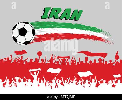 Les couleurs du drapeau de l'Iran avec ballon de soccer et partisans de silhouettes. Persan Tous les objets, les coups de pinceau et les silhouettes sont dans des couches différentes et le t Illustration de Vecteur