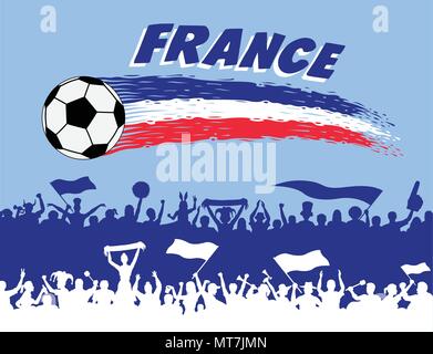 Les couleurs du drapeau de la France avec un ballon de football et supporters français des silhouettes. Tous les objets, les coups de pinceau et les silhouettes sont dans des couches différentes et la Illustration de Vecteur