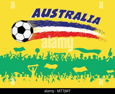 Les couleurs du drapeau australien avec un ballon de football et supporters australiens de silhouettes. Tous les objets, les coups de pinceau et les silhouettes sont dans différentes couches d'un Illustration de Vecteur