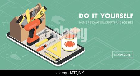 Faire vous-même et de la rénovation domiciliaire app : Boîte à outils et outils sur un smartphone avec des icônes Illustration de Vecteur