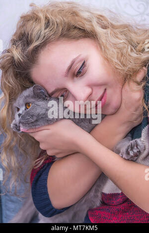 Fille aux cheveux bouclés est hugging a cat écossais gris,un animal de compagnie aimé Banque D'Images