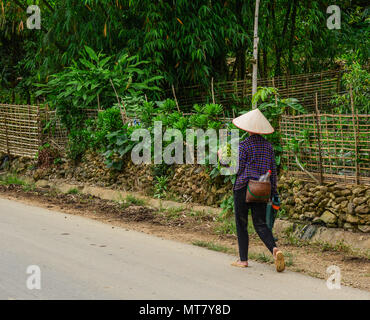 Une femme marche sur chemin rural du nord du Vietnam. Banque D'Images