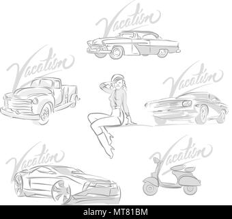 Ensemble de dessins de voitures vintage et modernes. Hand drawn vector illustrations. Illustration de Vecteur