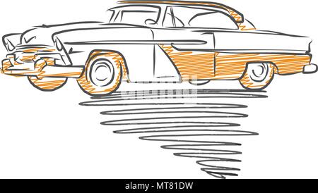 Vieille voiture américaine dessin. Hand drawn vector illustration. Illustration de Vecteur