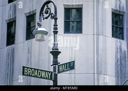 Historique 1988 WALL STREET INTERSECTION DE BROADWAY STREET SIGNS FINANCIAL DISTRICT MANHATTAN NEW YORK USA Banque D'Images