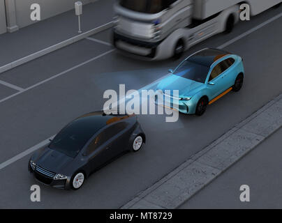 Vus bleu d'un freinage d'urgence pour éviter l'accident de voiture. Freinage d'urgence automatique (système de freinage d'urgence) concept. Scène de nuit. Le rendu 3D image. Banque D'Images
